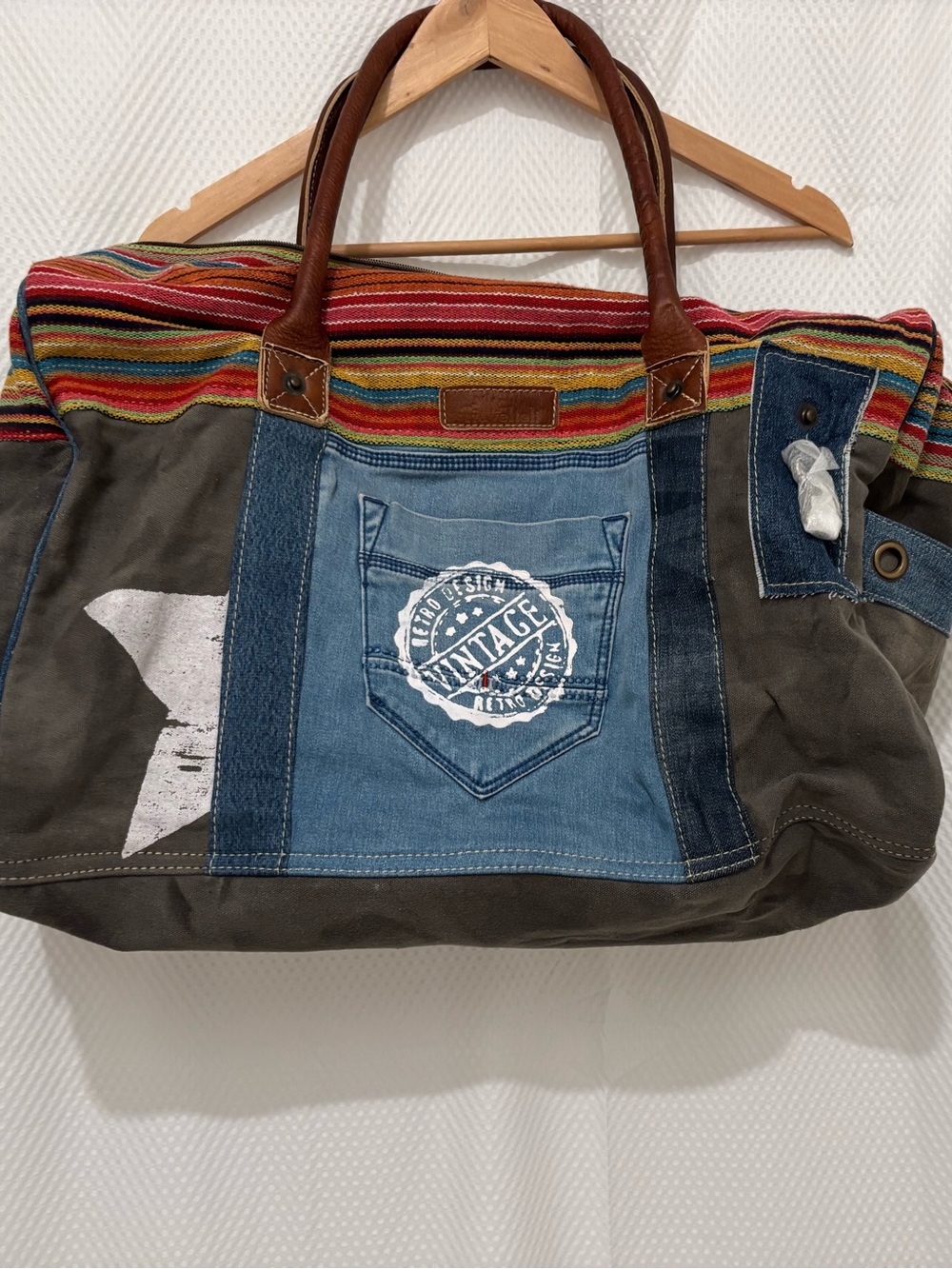Vintage-Inspired Patchwork Duffel Bag with Leather Handles - Brown/Blue